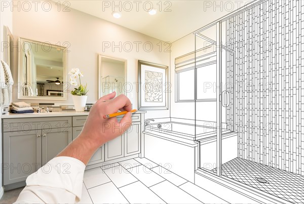 Hand drawing custom master bathroom with cross section of finished photograph