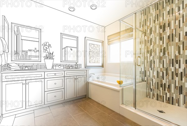 Custom master bathroom design drawing gradating to finished photo