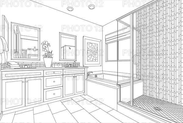 Detailed drawing of A custom master bathroom on white