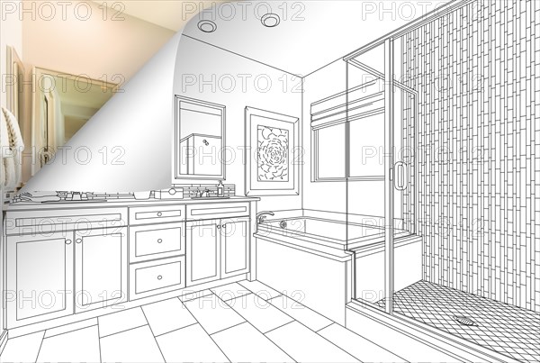 Master bathroom drawing page corner flipping with photo behind