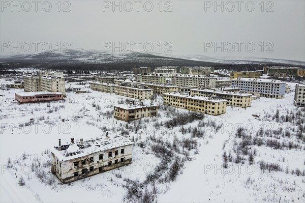 Aerial of the abandoned mining city Kadykchan
