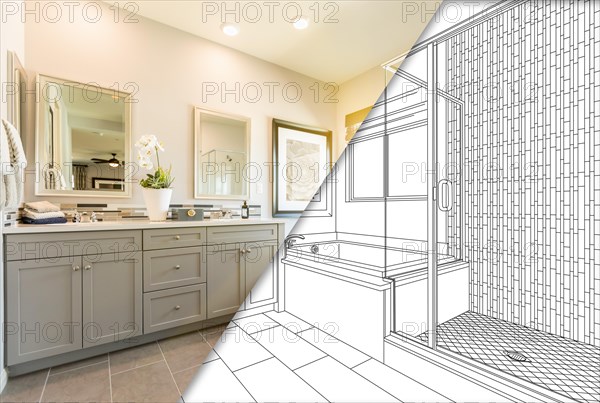 Custom master bathroom design drawing with cross section of finished photo