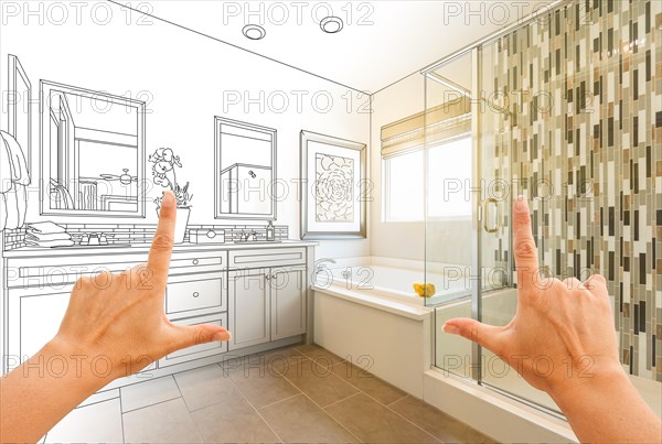 Hands framing custom master bathroom drawing and photo gradation
