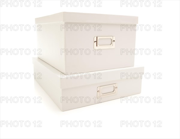Two stacked white file boxes with lids isolated on a white background