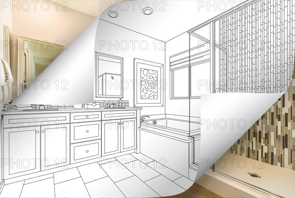 Master bathroom drawing page corners flipping with photo behind