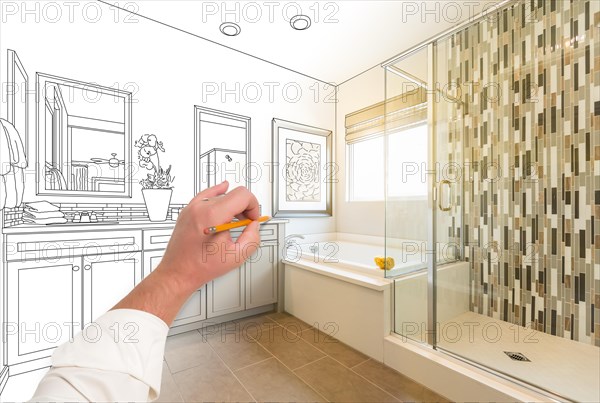 Hand drawing custom master bathroom with cross section of finished photograph