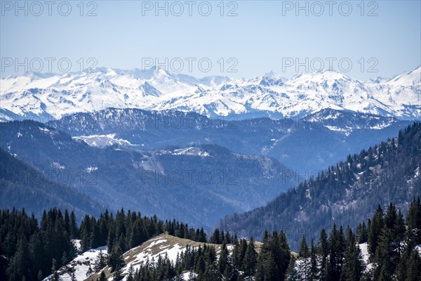 View of the snow-covered main ridge of the Alps