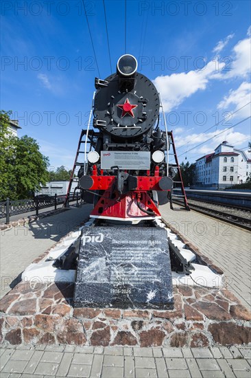 Historic steam train at the Railway station in Murmansk