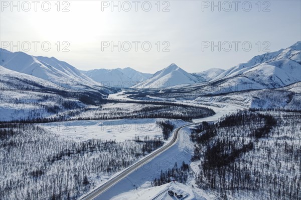 Aerial of the snow covered Suntar-Khayata mountain Range