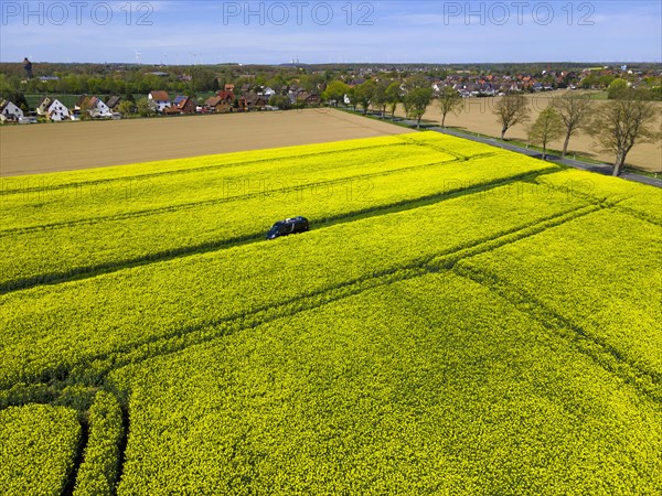 Drone shot of a camper van in a rape field