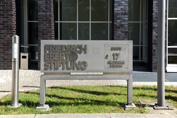 Sign and mailbox with address of the Friedrich Ebert Foundation