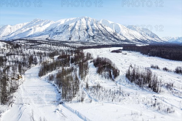Aerial of the snow covered Suntar-Khayata mountain Range