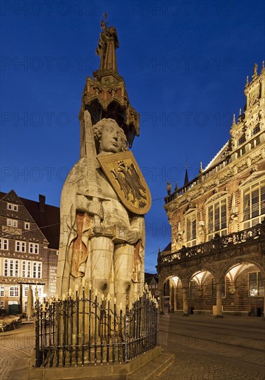 Bremen Roland with city hall in the evening