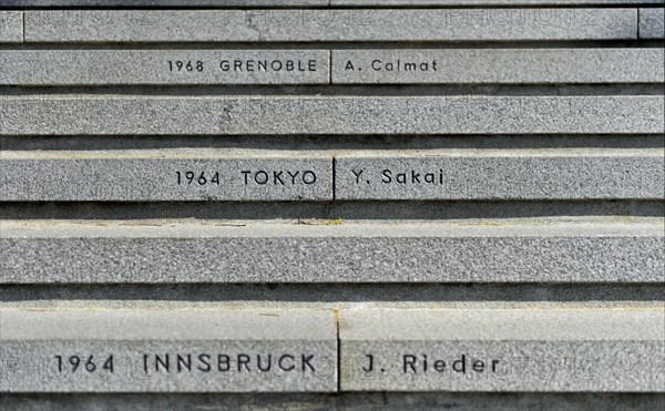 Stairs to the Olympic Museum with the venues of the Olympic Games and the names of the last torchbearer