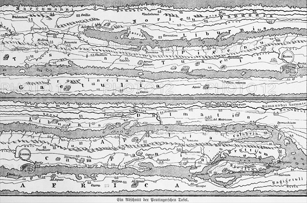 A section from the cartographic representation of the Peutinger's Table (Tabula Peutingeriana)