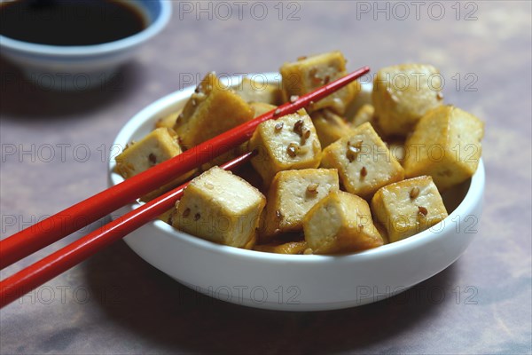 Fried tofu cubes in bowl
