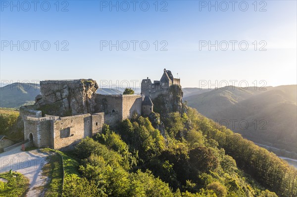 Castle Aggstein overlooking the Danuba in the Wachau at sunset