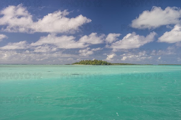 White sand beach and palm fringed beach in Aitutaki lagoon