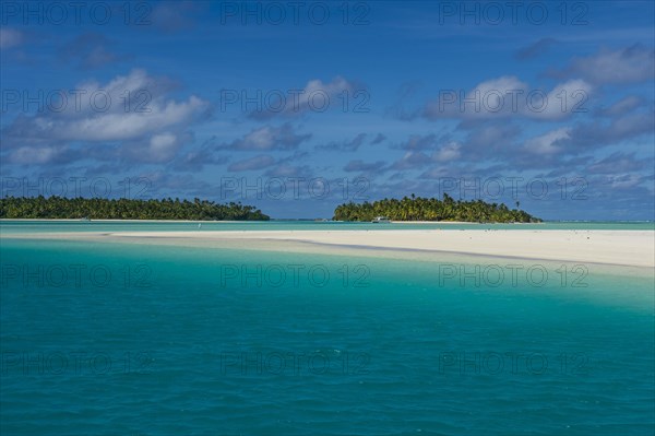 White sand beach and palm fringed beach in Aitutaki lagoon