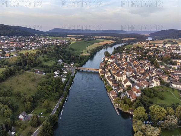 View across the Rhine to Diessenhofen with the historic wooden bridge