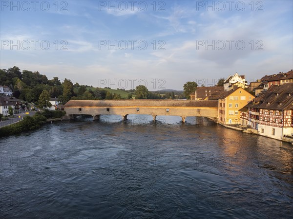 View across the Rhine to Diessenhofen with the historic wooden bridge