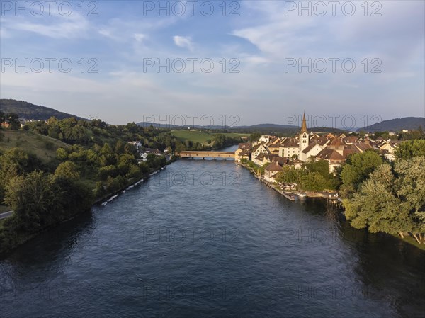 View across the Rhine to Diessenhofen with the historic wooden bridge