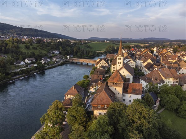 View over the old town of Diessenhofen to the Rhine with the historic wooden bridge
