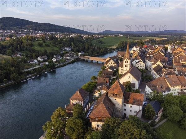 View over the old town of Diessenhofen to the Rhine with the historic wooden bridge