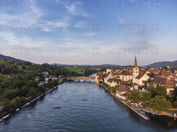 View across the Rhine to Diessenhofen with the historic wooden bridge