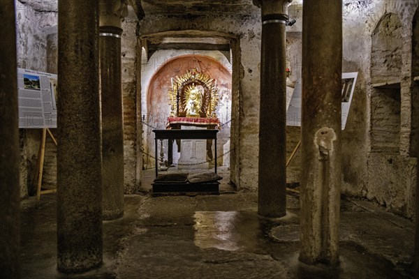 Columned room in crypt of Pope Adrian I in ancient cellar of Church of Santa Maria in Cosmedin