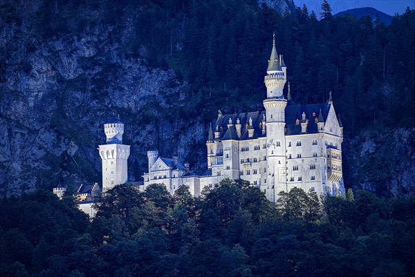 Illuminated Neuschwanstein Castle at night