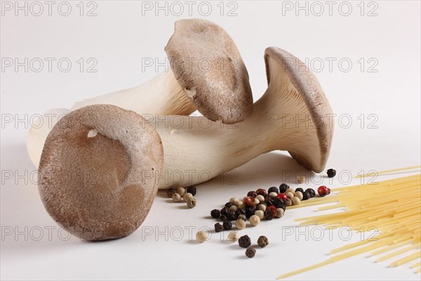 King trumpet mushrooms (Pleurotus eryngii) and peppercorns