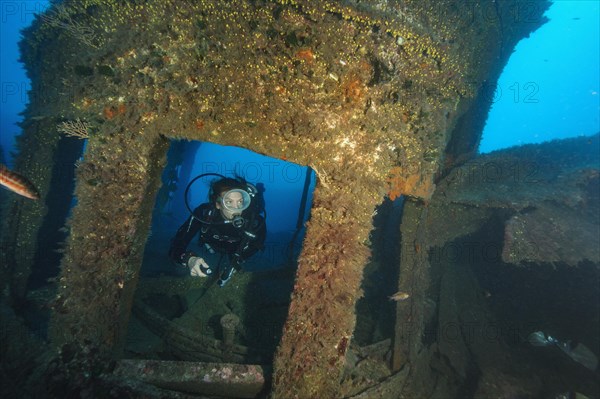 Diver looking out of window of bridge of Canadian ship Mohawk Deer sunk off Portofino
