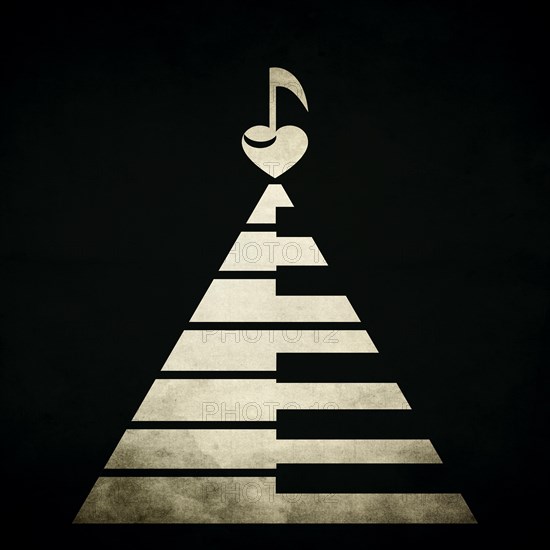 Piano keyboards in shape of a triangle or pyramid with a heart and musical note on the top. Old