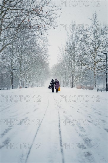 Two middle age women carrying pouches walks through the snowfall alongside the alley in the winter park. Wonderful snowing scene on the street. Cold season beauty. Blizzard in the Rose Valley city squ...
