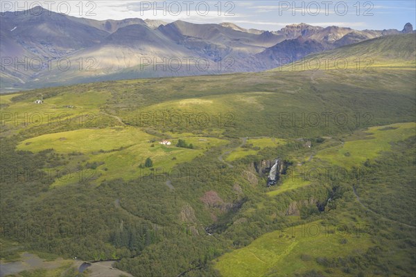 Aerial view Skaftafell with Hundafoss