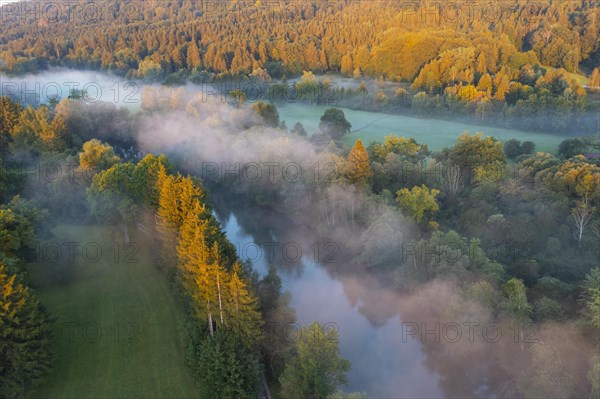 Clouds of fog over the Loisach River near Eurasburg