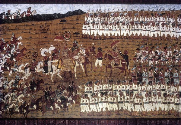 The battle of Pollilur painting on the wall of the Daria Dawlat Bagh Summer Palace of Tipu Sultan at Srirangapatna near Mysore