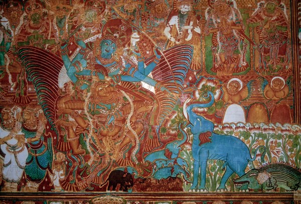 18th Century Gajendra Moksha mural in Krishnapuram Palace at Kayamkulam