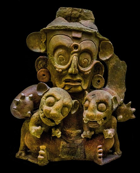 Lid of funerary urn with jaguar god and two jaguar figures