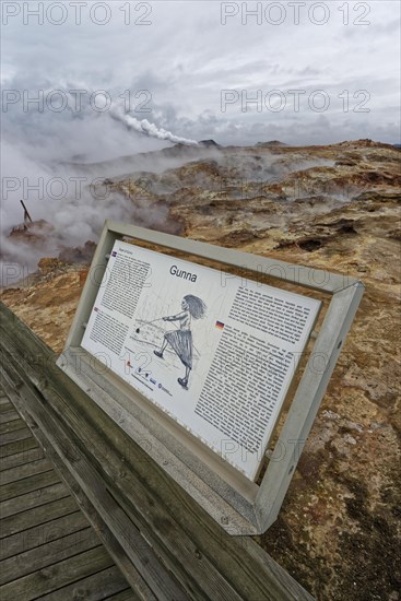 Viewing platform with information board in geothermal area Gunnuhver