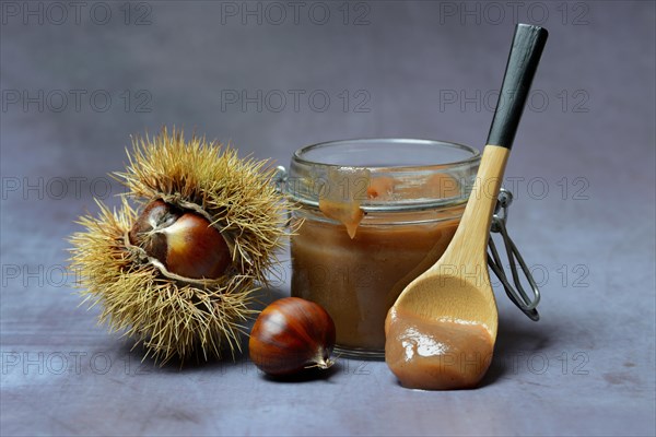 Chestnut cream in glass and sweet chestnuts
