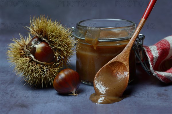 Chestnut cream in glass and sweet chestnuts