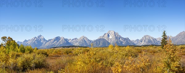 Mountain panorama with Mount Moran and Grand Teton peaks