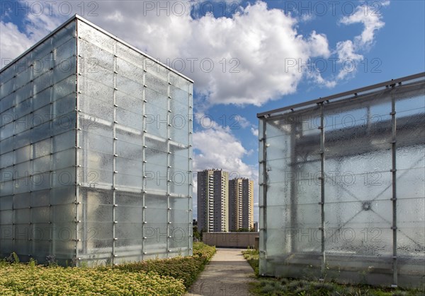 Modernist Osiedle Gwiazdy estate and light cubes of New Silesian Museum