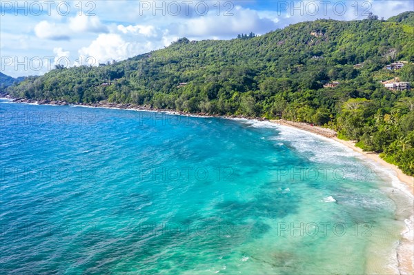 Takamaka Beach with Palm Trees Sea Ocean Drone Shot in Mahe