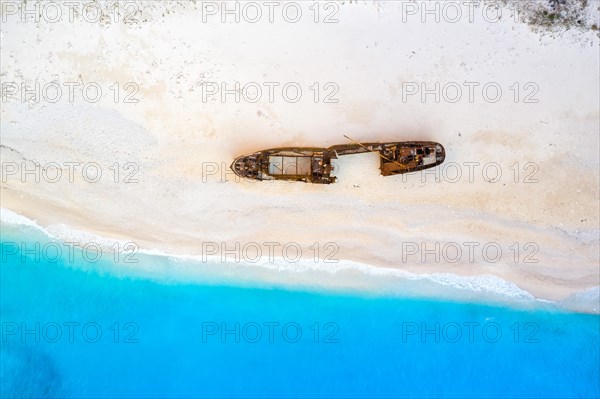 Beach shipwreck Navagio Beach drone shot bird's eye view in Zakynthos
