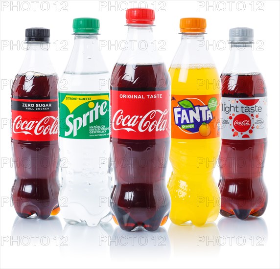 Coca Cola Coca-Cola Fanta Sprite Lemonade Soft Drink Drinks in Plastic Bottles cut-out isolated against a white background
