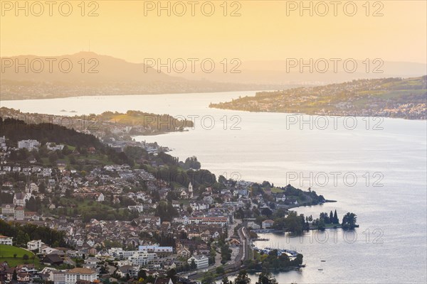 View at sunset from Feusisberg across Lake Zurich to Zurich