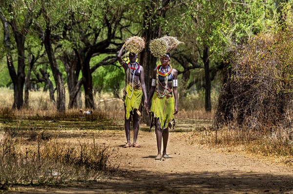 Girls with collected reeds on their heads on their way home